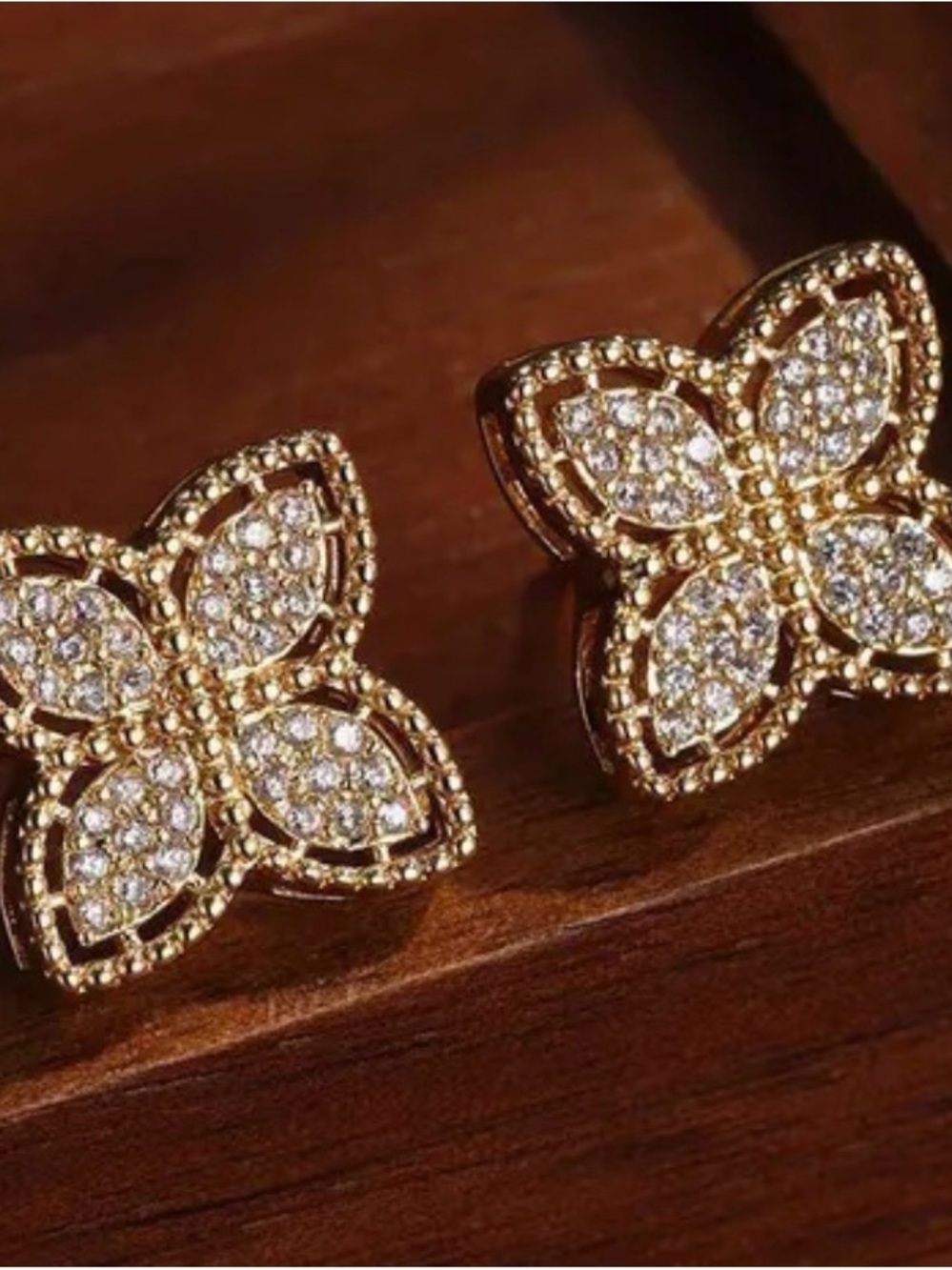 Gold Crystal Floral Stud Earrings - Women Jewelry
